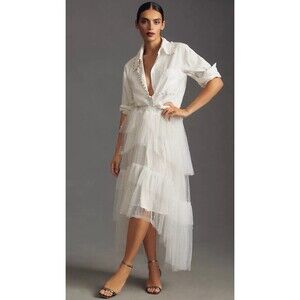 Anthropologie Maeve Skirt Midi White Tulle Pearl Embellish Sheer Boho Small New